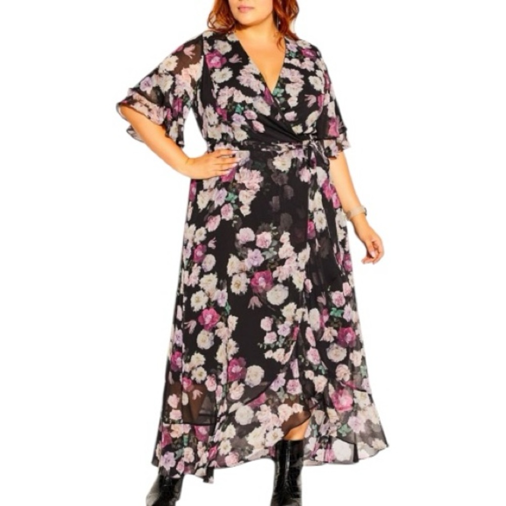 City Chic Black Floral Boho Faux Wrap Maxi Dress Size 14